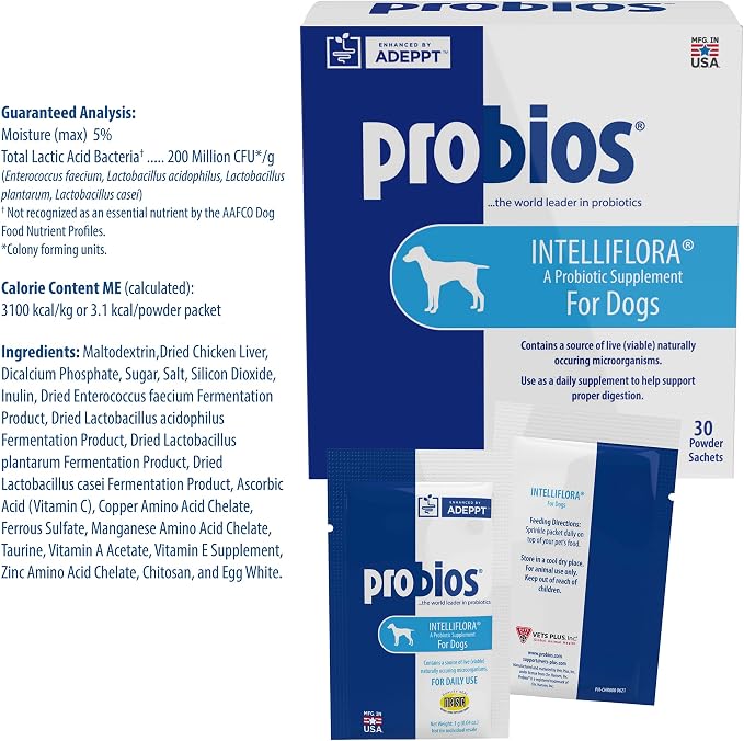 Probios Intelliflora for Dogs, Daily Probiotic Powder with Prebiotics, 200 Million CFU/g, Supports Gut Health Digestion and Immune Health, Chicken Liver, 30 Sachets (Pack of 2)
