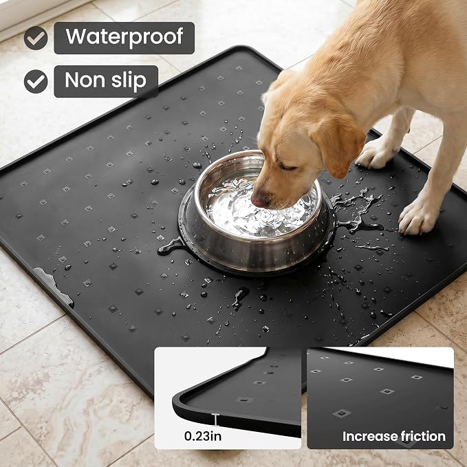 Silicone Pet Feeding Mat, 26x26 Inch Waterproof Dog Bowl Mat – Non-Slip, Machine Washable, Thin 0.28 Inch Edge for Messy Eaters, Protects Hardwood & Tile Floors, Black