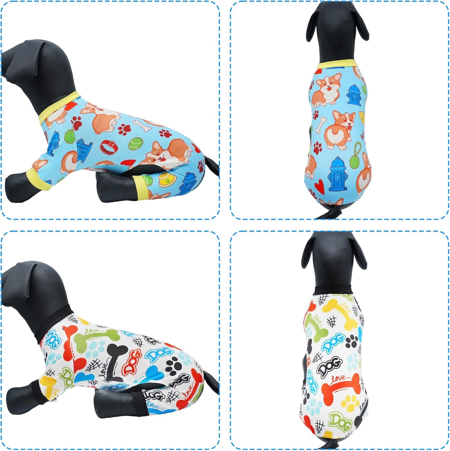 2PCS Dog Pajamas for Small Sized Doggie Pjs Clothes Puppy Onesies Outfits Pet Jammies Boy Girl Male Female Apparel Lightweight Stretch Paw Bone S