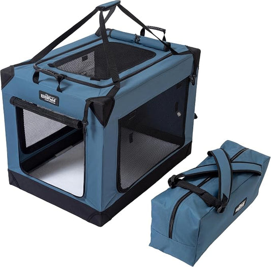 EliteField 4-Door Folding Soft Dog Crate (2-Year Warranty) with Aluminum Frame, Top Curtain, Carrying Bag, and Fleece Bed, Indoor & Outdoor Pet Home (42" L x 31" W x 32" H, Blue Gray)