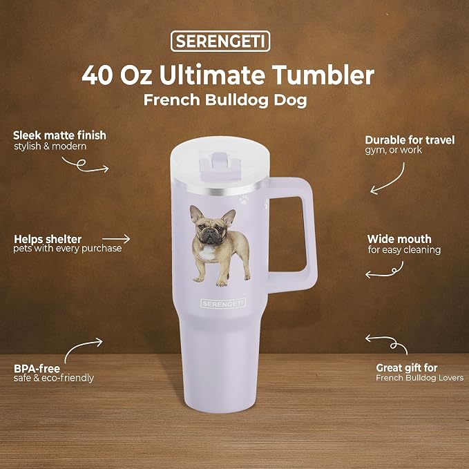 SERENGETI 40 Oz Ultimate Tumbler with Handle and Straw - Vacuum Insulated Tumbler with Straw and Lid - Stainless Steel Travel Mug for Pet Lovers - 3D Designs of your favorite Dog (French Bulldog)