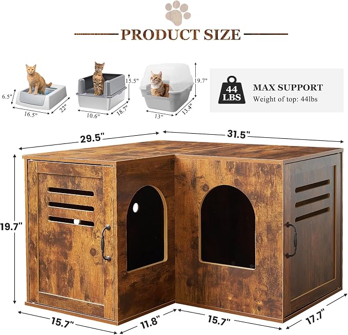 Corner Cat Litter Box Enclosure, 31.5" Hidden Litter Box Furniture for 2 Cats, Indoor Cat House End Table with Double Room, Vintage Brown