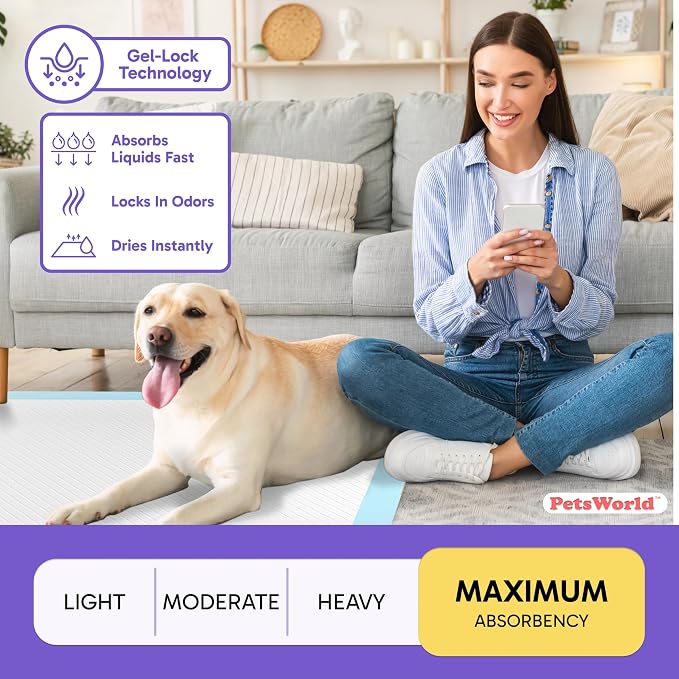 PetsWorld 2XL Dog Pee Pads 28"x44" 50 Count – Extra Large Pet Pee Pads for Dogs & Puppies, Heavy Duty Leak-Proof Dog Training Pads, Super Absorbent Quick-Dry Potty Pads with Odor Control
