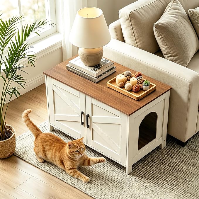 Homhedy Cat Litter Box Enclosure,Litter Box Furniture Hidden with Barn Door,Wooden Cat Washroom Furniture,Fit Most of Litter Box, Rustic White and Brown