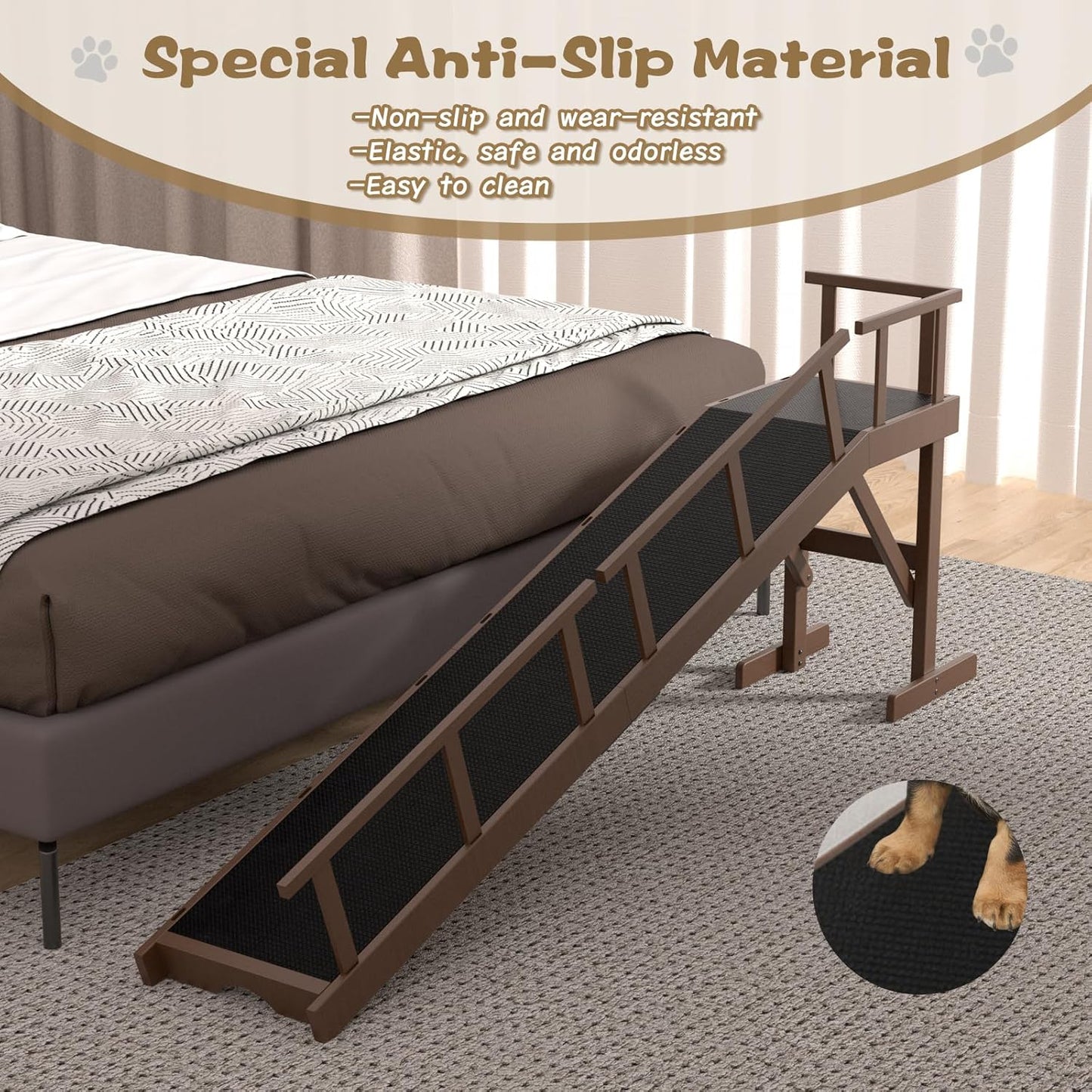 73" Dog Ramp for Bed, Pet Ramp with Removable Side Rail and Non-Slip Surface, Pet Ramp for Small & Large & Senior Dogs with Rest Platform and DIY Glow Strips,Dog Stairs for Couch, Brown