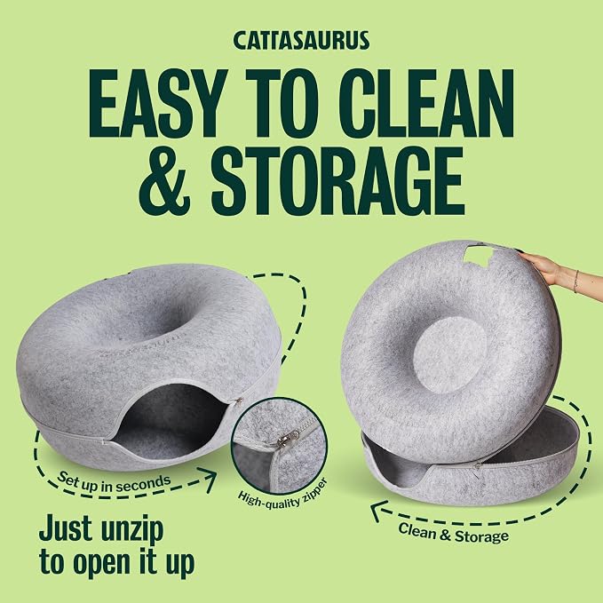 Cattasaurus Peekaboo Cat Cave Donut for Multiple & Large Cats up to 30-45 lbs, 3-in-1 Self Warming Cat Bed, Tunnel & Scratcher for Indoor Cats, Washable & Detachable Small Dog Bed (Light Gray, Large)