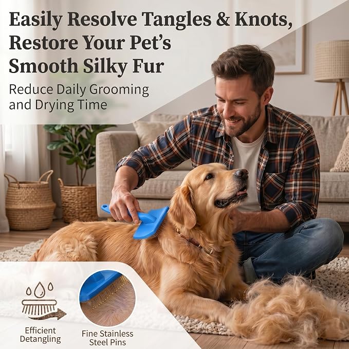 Large Slicker Brush for Dogs - 3-Piece Solid Wood Dog Grooming Kit for Doodles and Poodles - for Wavy, Curly & Matted Hair, Blue