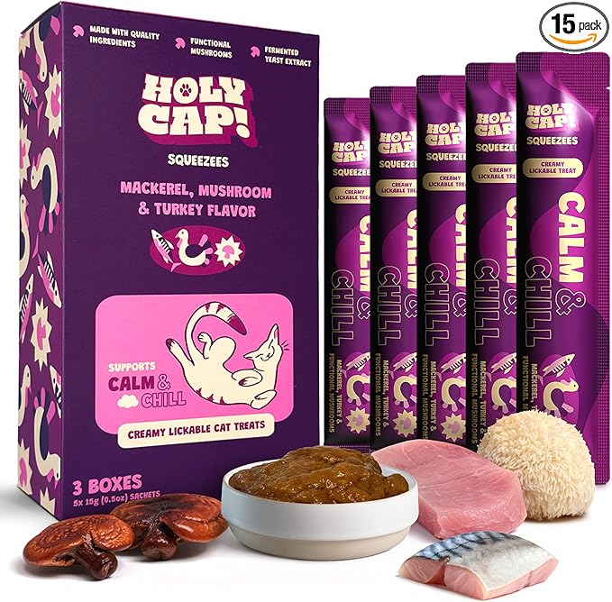 Calm & Chill Grain-Free Lickable Cat Treats 15 Squeezable Purée Tubes (0.5 oz Each), Mackerel & Turkey Flavor, Creamy Cat Purée with Clean Ingredients, Hand-Fed Treat or Meal Topper