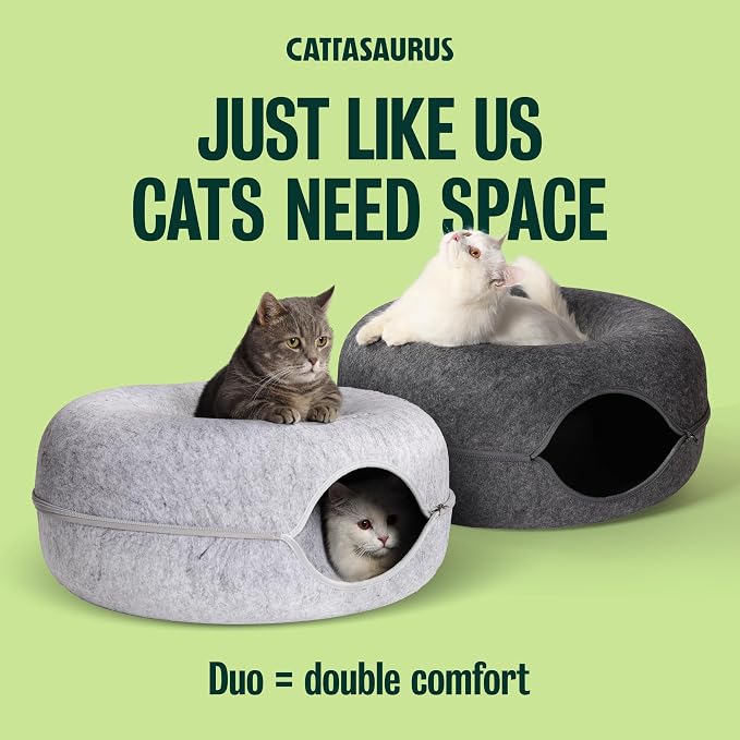Cattasaurus Peekaboo Cat Cave Donut for Multiple & Large Cats up to 30-45 lbs, 3-in-1 Self Warming Cat Bed, Tunnel & Scratcher for Indoor Cats, Washable & Detachable (Light Gray + Dark Gray, Large)