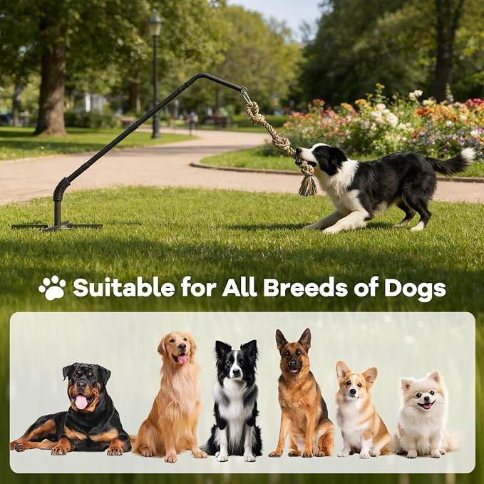 Outdoor Tug of War Dog Toy with Strengthen Spring Pole, Sturdy & Durable, Adjustable Height for Large, Medium & Small Dogs;3 Kinds Dog Tug of War Toys for Self-Play & Interactive in Park, Yard & Lawn