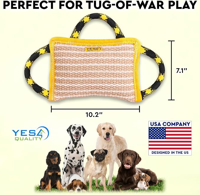 YES4QUALITY Durable Dog Bite Pillow - 10"x7" - Safe Biting Pad with 3 Strong Handles - Tough Jute Tug Toy for Medium to Large Dogs - Ideal for Tug of War, K9, Schutzhund & Puppy Training