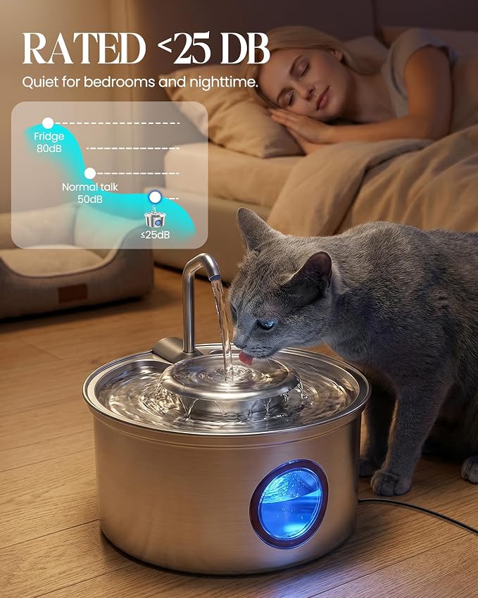 Cat Water Fountain Stainless Steel - 108oz/3.2L Ultra-Quiet Cat Fountain for Drinking with Removable Water Bowl, Kitty Spout Fountain with 3 Filters Supplies for Cats, Small Dogs, Multiple Pets