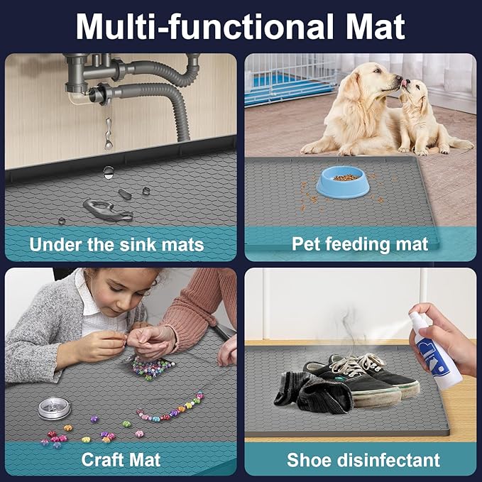 Under Sink Mat - 31" x 22" Waterproof Kitchen Cabinet Mat - Flexible Silicone Under Sink Liner - Kitchen Bathroom Cabinet Mat and Protector for Drips Leaks Spills (Gray)