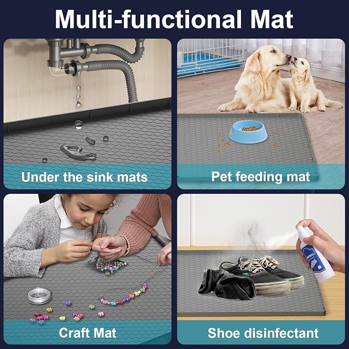 Under Sink Mats for Kitchen Waterproof - 22" x 19" Waterproof Kitchen Cabinet Mat - Flexible Silicone Under Sink Liner - Bathroom Cabinet Mat and Protector for Drips Leaks Spills (Gray)
