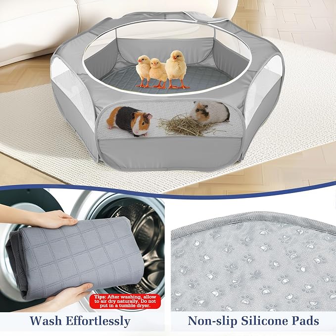 2-in-1 Small Animals Playpen with Pad, Waterproof Small Pet Cage Tent with Reusable Pad, Portable Outdoor Yard Fence with 3 Metal Rod for Chick/Kitten/Puppy/Guinea Pig/Rabbits/Chinchillas, Gray+Gray