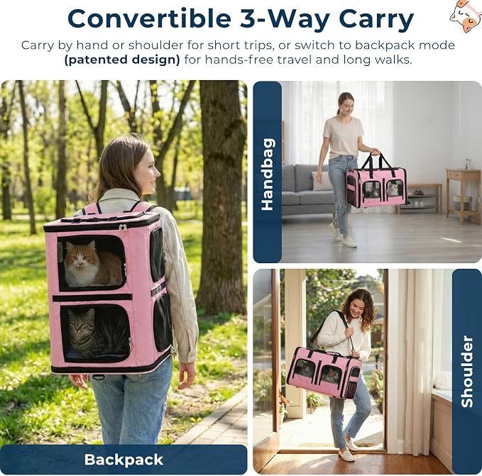 Extra Large 3-in-1 Cat Carrier for 2 Cats, with Removable Divider, Superior Ventilation, Portable Soft Sided Double Cat Carrier Large, Hair Removal Glove, 2*Bowl, Extra Side Storage Bag Included
