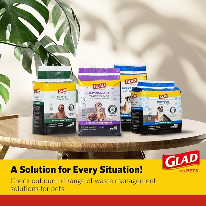 Glad for Pets Day to Night Activated Carbon Puppy Training Pads, Odor Control Disposable Dog Pads with Adhesive and Wall Protection, Leak Proof and Super Absorbent, 30 x 36 Inch, 24 Count