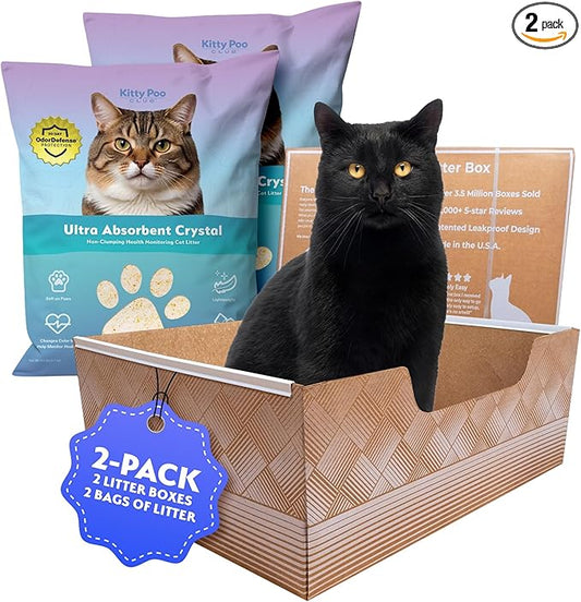 Kitty Poo Club Disposable Cat Litter Box 2-Pack with 2 Bags Ultra-Absorbent Silica Crystal Litter, Patented Leak-Proof Design, 30-Day System, Low Dust, Perfect for Travel and Multi-Cat Homes