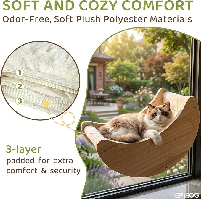 Cat Window Bed with Detachable Soft Cushion, Suction Cup Mounted Cat Window Perch, Solid Wood Window Hammock for Cats Inside, Indoor Resting Seat, White Cushion