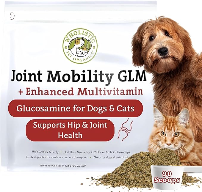 Wholistic Pet Organics - Hip and Joint Supplement for Dogs & Cats - Cat and Dog Joint Supplement - Green Lipped Mussels, Chondroitin, Glucosamine for Dogs & Cat Mobility Support - 2 Lb - 90 Scoops
