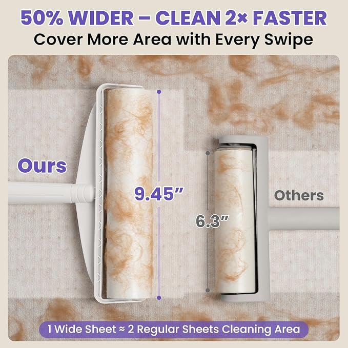 9.45” Large Surface Lint Roller: DELOMO Extra-Wide Sticky Roller for Pet Hair - Cleans Faster on Couches, Beds, Carpets, Clothing, Furniture & Car Seats - 450 Sheets Total - Ideal for Pet Homes