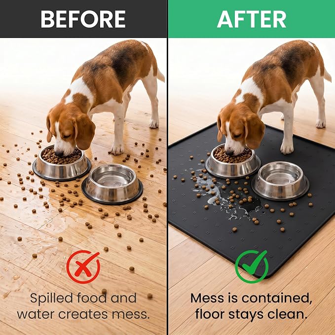 Silicone Pet Feeding Mat, 26x26 Inch Waterproof Dog Bowl Mat – Non-Slip, Machine Washable, Thin 0.28 Inch Edge for Messy Eaters, Protects Hardwood & Tile Floors, Black