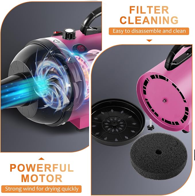 NESTROAD Dog Dryer for Pet Grooming,High Velocity 4.3HP/3200W Dog Blower Force Dryer with Stepless Adjustable Speed,Professional Pet Hair Drying with 4 Different Nozzles for Dogs Pets,Pink