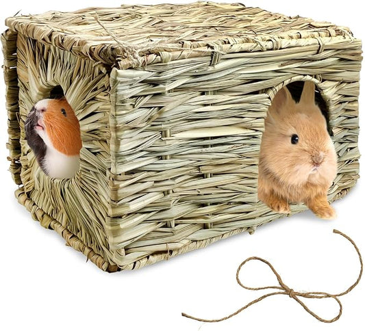 Tfwadmx Rabbit Grass House - Natural Hand Woven Seagrass Play Hay Bed, Hideaway Hut Toy for Bunny Hamster Guinea Pig Chinchilla Ferret