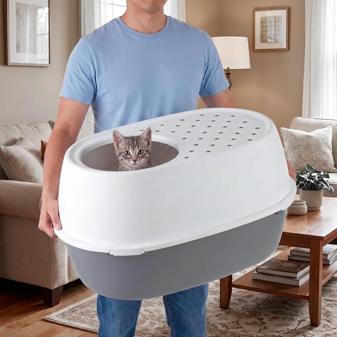 IRIS USA Extra Large Litter Box with Lid, Top Entry, Jumbo Enclosed Covered Litter Box for Large Cats, 19" L x 29" W x 15" H, Dog-Proof 4-Buckle Design, Reduced Tracking Lid, Gray/White
