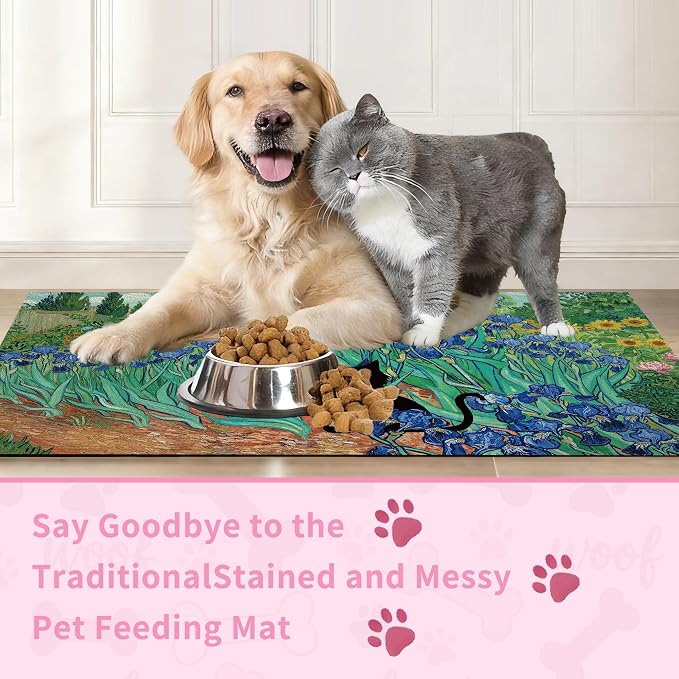 Black Cat Pet Feeding Mat, Absorbent Dog/Cat Food Mat for Food and Water Bowl, Non-Slip Quick Dry Pet Placemat Floor Protector for Messy Drinkers(12 x 20 in)