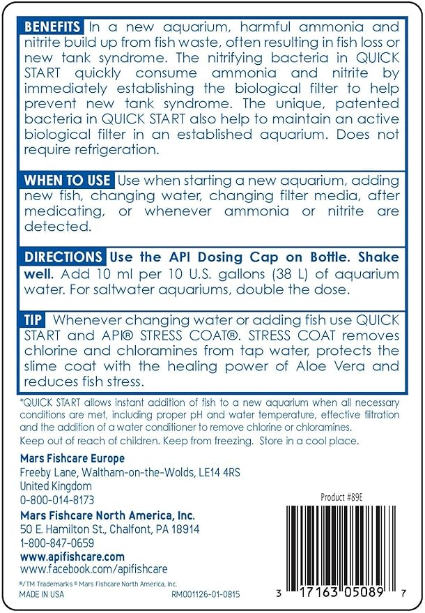 API Quick Start Freshwater and Saltwater Aquarium Nitrifying Bacteria 16-Ounce Bottle Stress Coat Aquarium Water Conditioner 16-Ounce Bottle