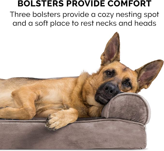 Furhaven Memory Foam Dog Bed for Medium/Small Dogs w/ Removable Bolsters & Washable Cover, For Dogs Up to 35 lbs - Faux Fur & Velvet Sofa - Driftwood Brown, Medium