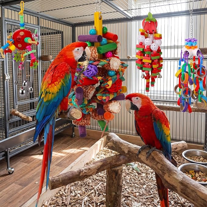 Soulchen 4 Pcs Extra Large Bird Parrot Toy Set Natural Wooden Chewing Toy, Rattan Ball, Wood Nut Loofah String (Bagged) for Large Macaws, African Grey, Amazon Parrots (Corn Cob)