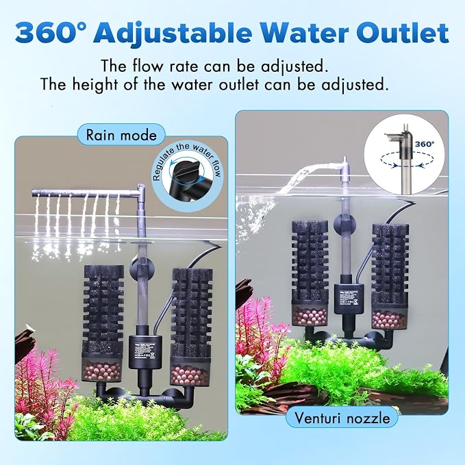 hygger Electric Aquarium Sponge Filter, 5W Quiet Fish Tank Filter Pump with 2 Spare Sponge & Bio Media Balls, Adjustable Outlet Venturi & Rain Mode(L for 29-55 Gal Fish Tank)