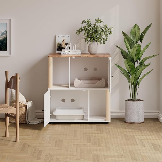 Cat Litter Box Enclosure, Two-Story Wooden Hidden Litter Box Furniture with Scratching Post, Multi-Level Cat Washroom Cabinet for 2 Cats, Reinforced Wood Frame & Ventilated Design for Small Apartment