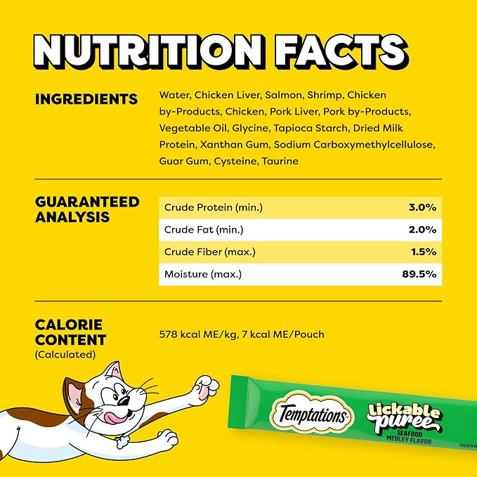 Temptations Creamy Puree Squeezable Lickable Cat Treats, Wet Cat Treats with Salmon and Shrimp, 0.42 oz. Tubes, 4 Count, Pack of 11 (44 Total)