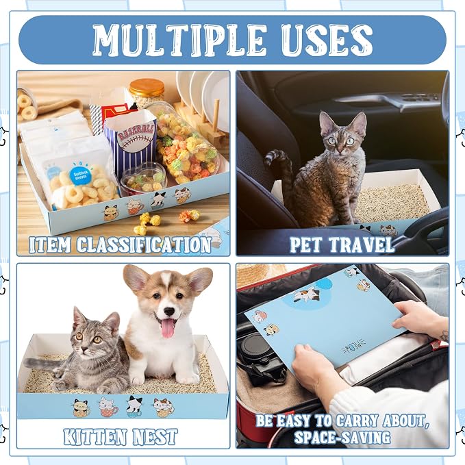 Roshtia 30 Pcs Disposable Cat Litter Box Foldable Paper Kitty Tray 13.8 x 10 x 2 Inch Portable Kitten Pan Low Entry Lightweight Cardboard(Meow,Blue)