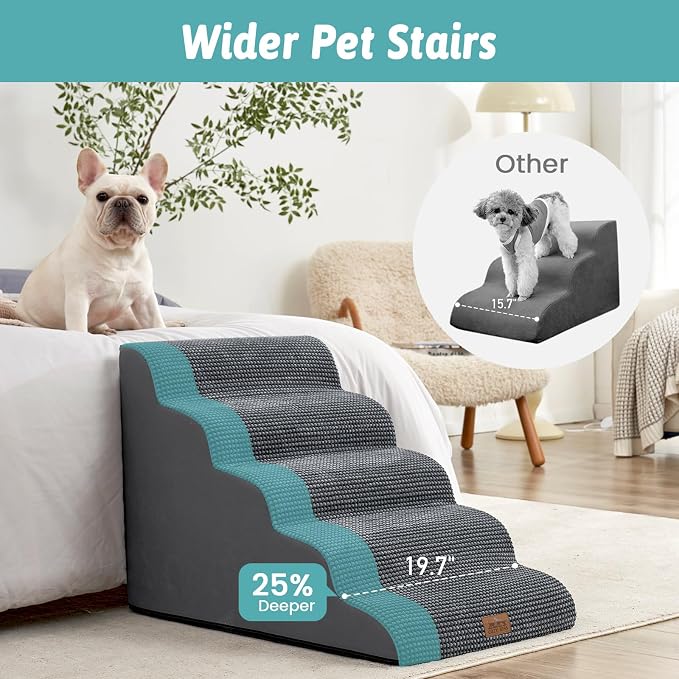 COZY KISS Extra Wide Dog Stairs 19.7" Width, Large Pet Step for Small Medium Dog, Puppy or Cat, Ramp for High Bed or Car, High Density Foam Ladder, Stable, 5 Step, 19.7x33x22.4 in, Charcoal Grey