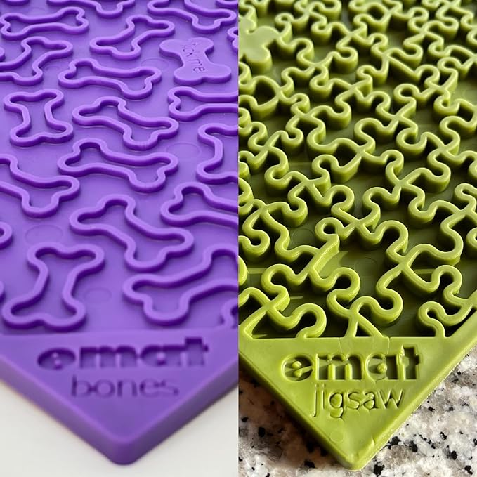 SodaPup Purple Bones & Green Jigsaw eMat Bundle – Durable Lick Mat Feeder Made in USA from Non-Toxic, Pet-Safe, Food Safe Rubber for Avoiding Overfeeding, Digestive Health, Calming, & More