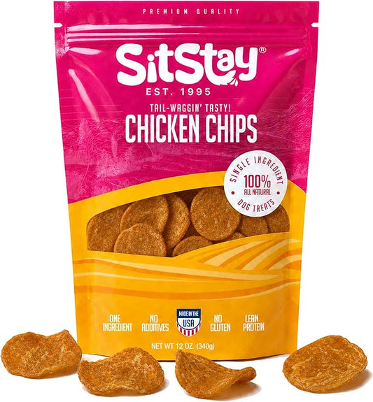 SitStay Chicken Chips Dog Treats - Chicken Chips for Dogs - Single Ingredient Dog Treats - Dehydrated 80% Protein Low Fat Training Rewards - All Breeds & Life Stages - Made in USA - 12 oz Value Pack