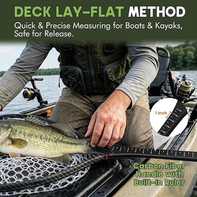 Riverruns Fly Fishing Landing Net Carbon Fiber Trout Net with Measurement Handle, Soft Rubber Mesh - 26" Standard (Wading) / 37" Long (Kayak)