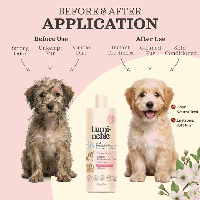 2in1 Hypoallergenic Dog Shampoo & Conditioner, Tearless Dog Wash for Puppies with Oatmeal & Collagen Formula, Itchy Skin Relief, White Musk Scent, Moisturizing & Skin Sensitive Friendly, 16 fl oz