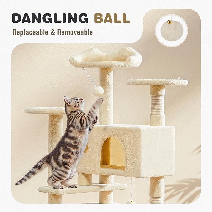 Cat Tree 54 Inch, Multi-Level Cat Tower with Condo, Perches, Sisal Scratching Posts and Climbing Ladder, Pet Play Toy Balls House for Indoor Cats