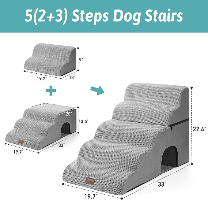 COZY KISS Extra Wide Dog Stairs with Tunnel, Detachable Large Pet Step for Small Medium Dog, Puppy or Cat, Ramp for High Bed, Couch, Sofa or Car, Stable, 19.7x33x22.4 inch, 5 Step, Grey