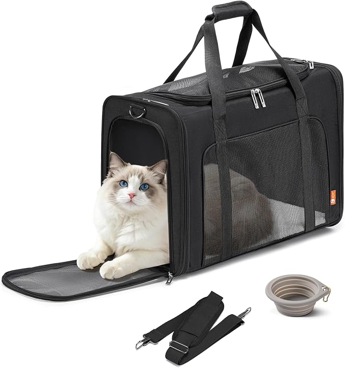 Soft-Sided Pet Carrier Bag Large 21.6inch Dog Carrier Cat Carriers for Medium Cats Dogs Puppies (Up to 26lbs) Collapsible Travel Puppy Carrier with Foldable Bowls Black