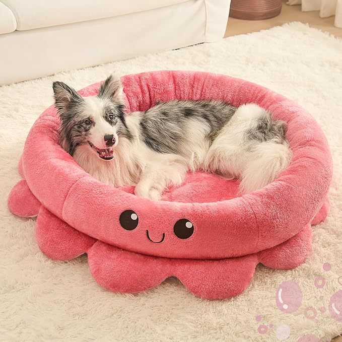 Jiupety Cute Calming Dog Beds Clearance for Large and Extra Dogs, Anxiety Bolster Dog Bed with Octopus Shape, Pink, Red, XL, Boho, Round Pet Bed Cat with Removable Cushion