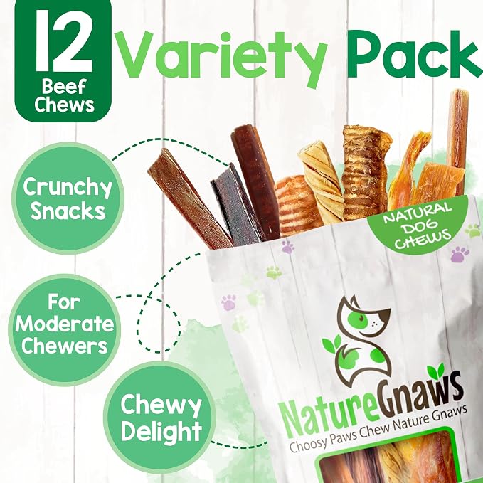 Nature Gnaws Variety Pack for Large Dogs (12 Count) - Bully Sticks, Beef Tendons and Tripe Twists for Dogs - Natural Long Lasting Beef Dog Chew Bones - Rawhide Free