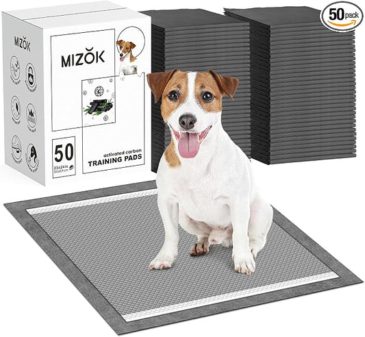 MIZOK Puppy Pads 23x24in Charcoal Dog Pads Super Absorbent Odor Eliminating Leak-Proof, Wee Wee Pads with Activated Carbon for Puppies and Small Dogs, Disposable (50 Count)