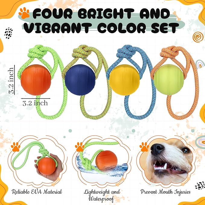 Skylety 4 Pack Floating Dog Toy with Rope Handle EVA Dog Bumper Throw Stick for Water Training Fetch Retrieving High Visibility Pool Water Toy for Beach Diving Pool Yard Summer Outdoor Play, Ball