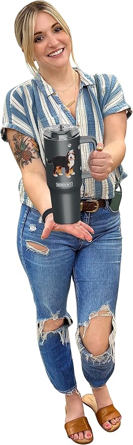 SERENGETI 40 Oz Ultimate Tumbler with Handle and Straw - Vacuum Insulated Tumbler with Straw and Lid - Stainless Steel Travel Mug for Pet Lovers - 3D Designs of your favorite Dog (Bernadoodle)